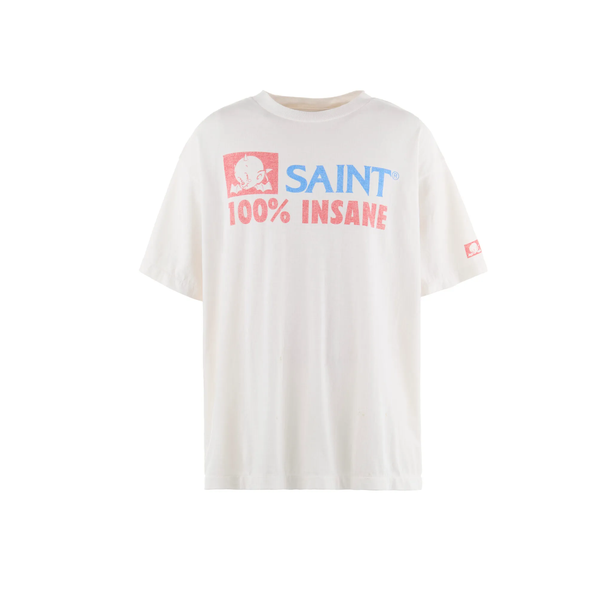 SAINT Mxxxxxx INSANE SS TEE/WHT Little Devil Angel TEE 100% INSANE slogan printed short sleeves off-white S-XL tube-woven fabric without side seams OE yarn original same weight correct version original main mark/wash mark/little angel security code original development no touch printing